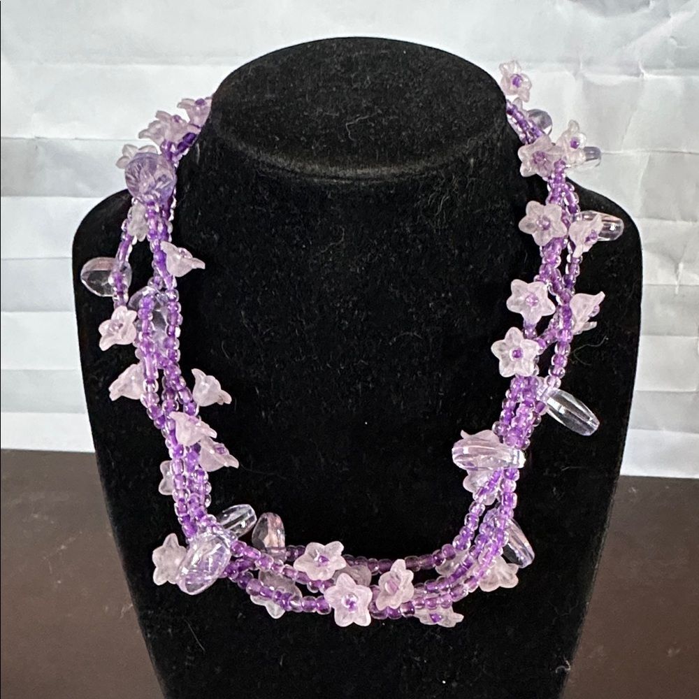 Purple Flower & Seed Bead Necklace Silver Tone with Extension Chain Boho Jewelry